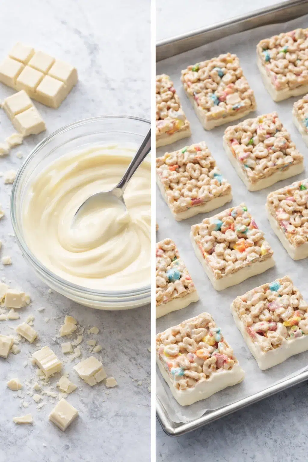 step-process-placeholder-9-10.png White chocolate melting in a bowl while cereal bars are dipped and arranged chocolate-side up to set