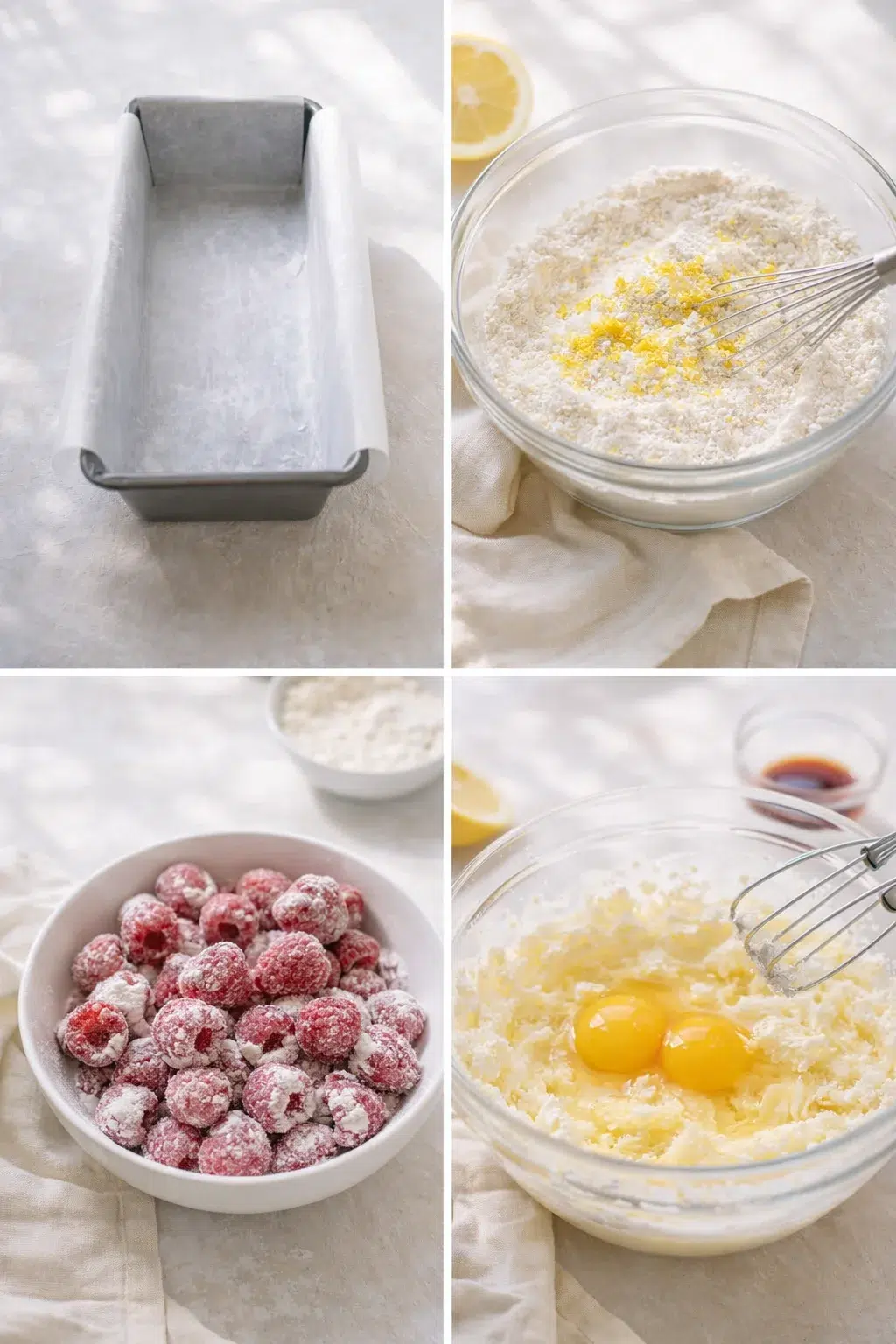 step-process-placeholder-1-4.png Electric mixer bowl showing creamy butter-sugar mixture and eggs beside floured raspberries and lined loaf pan