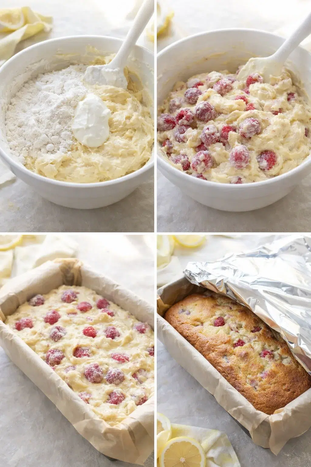 step-process-placeholder-5-8.png Thick batter poured into lined loaf pan with raspberries folded in, spatula smoothing surface