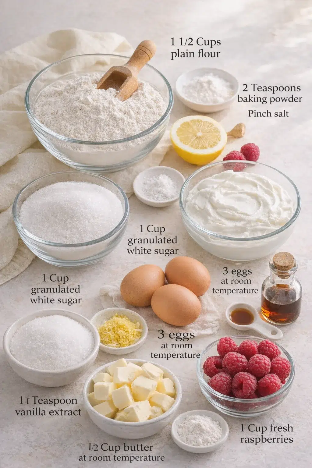ingredients-placeholder.png Measured ingredients arranged for Raspberry Lemon Loaf Cake: 1 1/2 Cups plain flour, 2 Teaspoons baking powder, Pinch salt, 1 Cup granulated white sugar, 1 Cup Greek yogurt, 3 eggs at room temperature