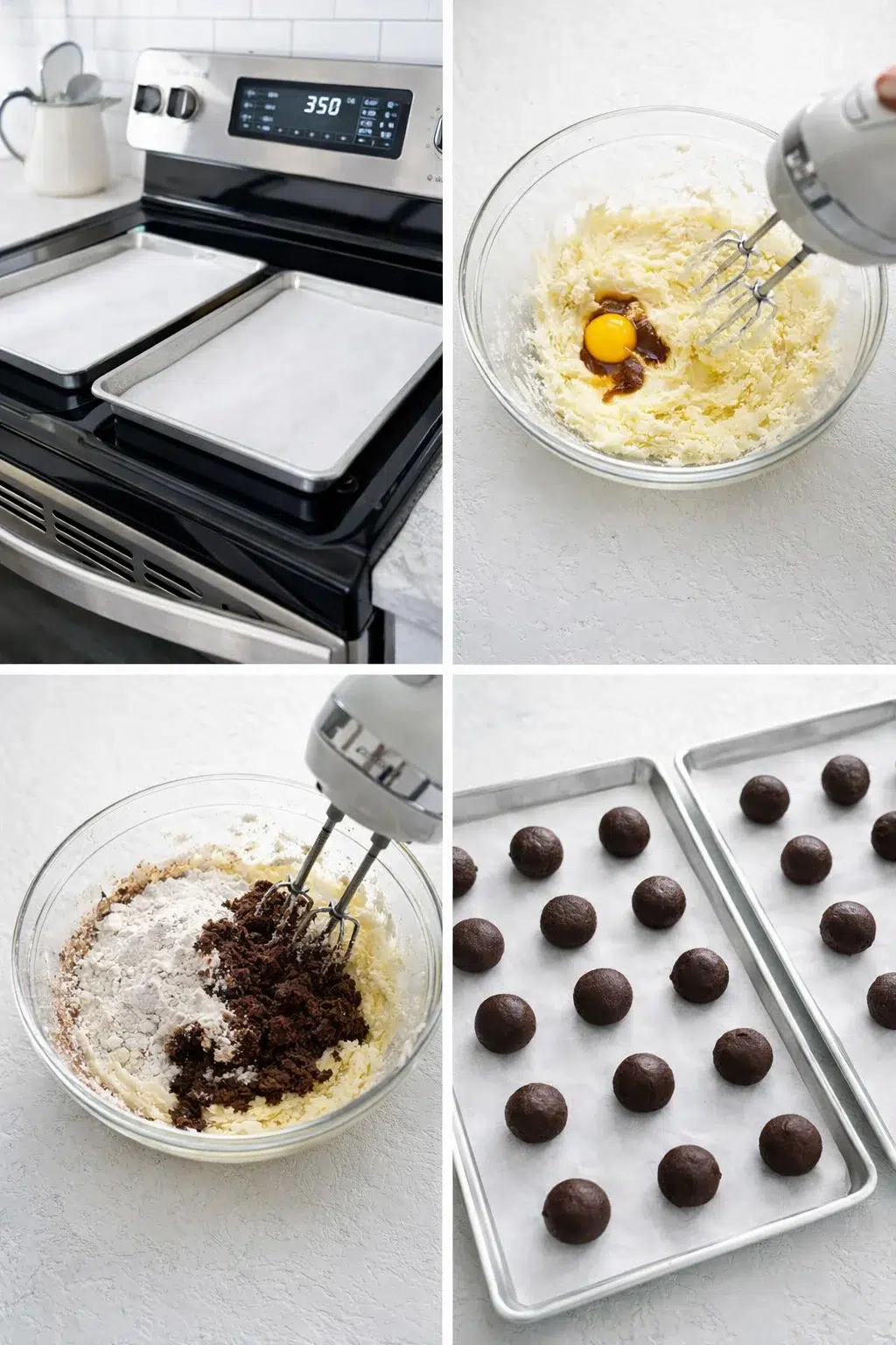 step-process-placeholder-1-4.png Electric mixer creaming butter and sugar, then rolling chocolate dough into balls on parchment-lined sheet