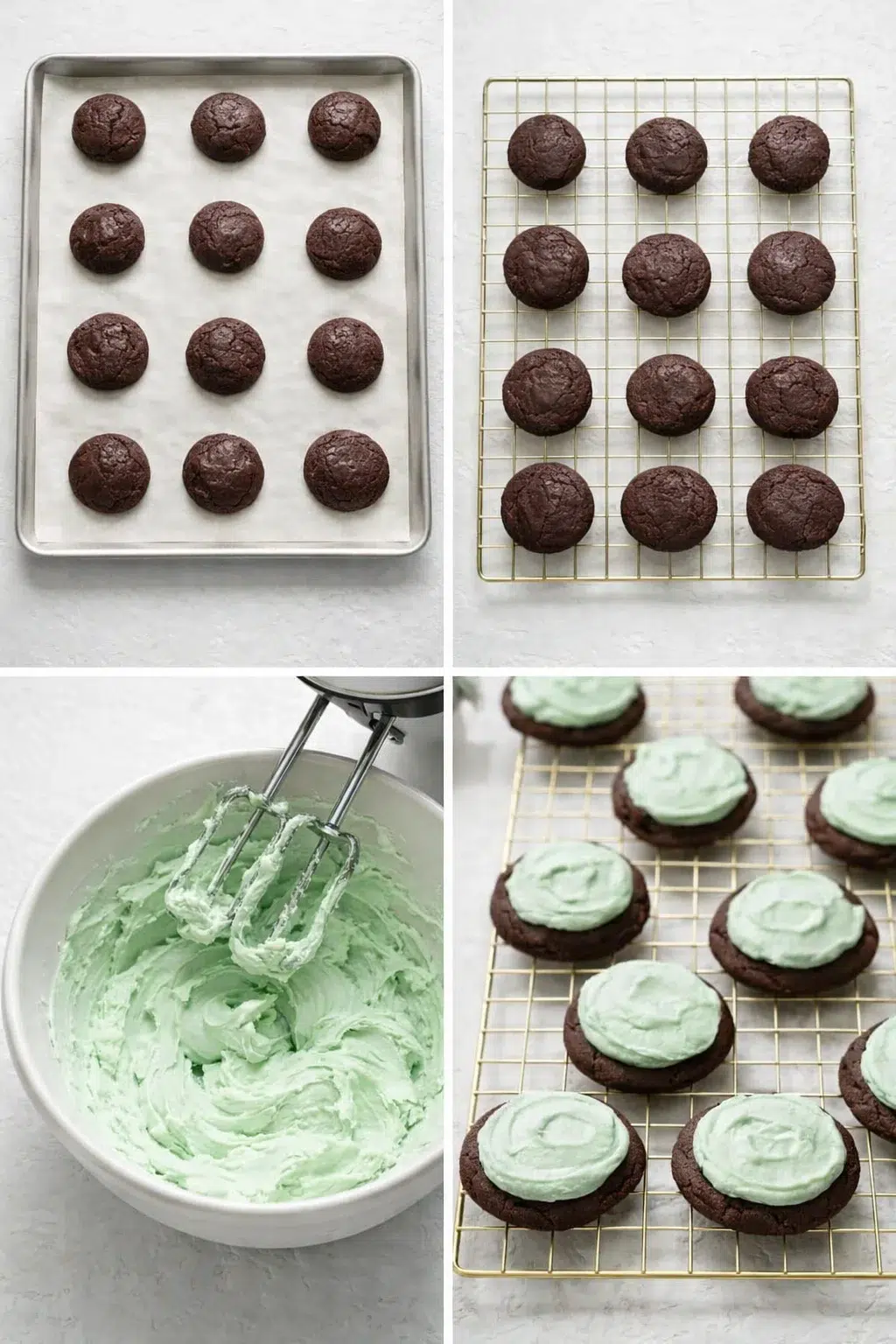 step-process-placeholder-5-8.png Shiny-centered baked cookies cooling on a rack while mint-green frosting is whipped and spread