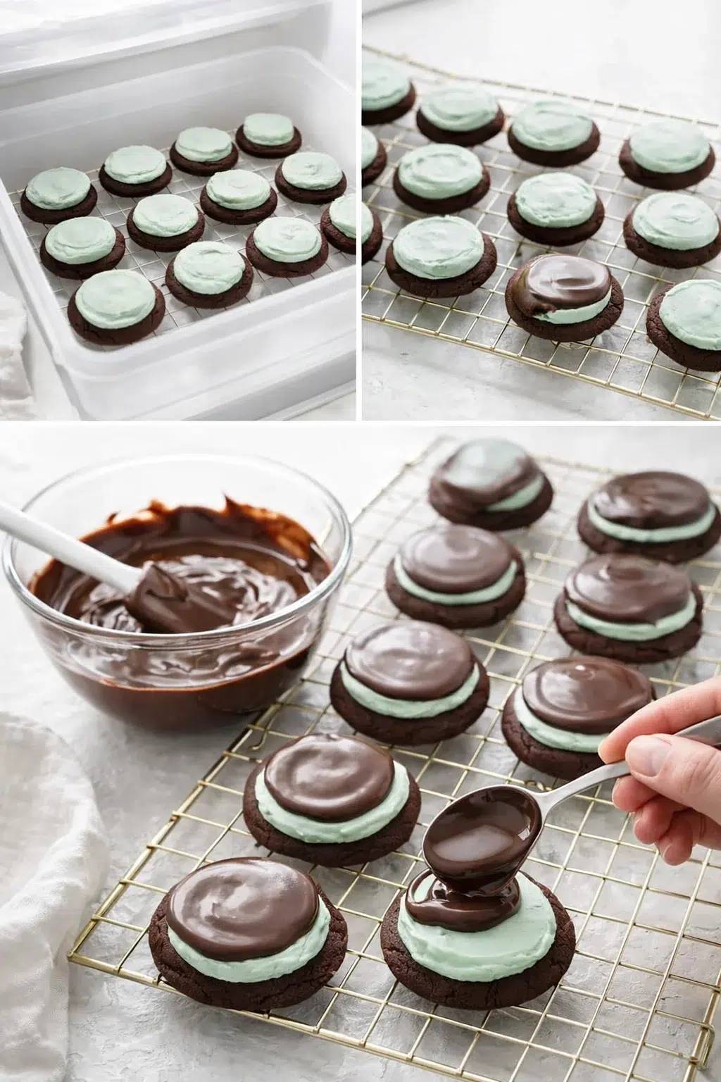 step-process-placeholder-9-11.png Frozen frosted cookies being drizzled with glossy melted chocolate ganache from a spoon
