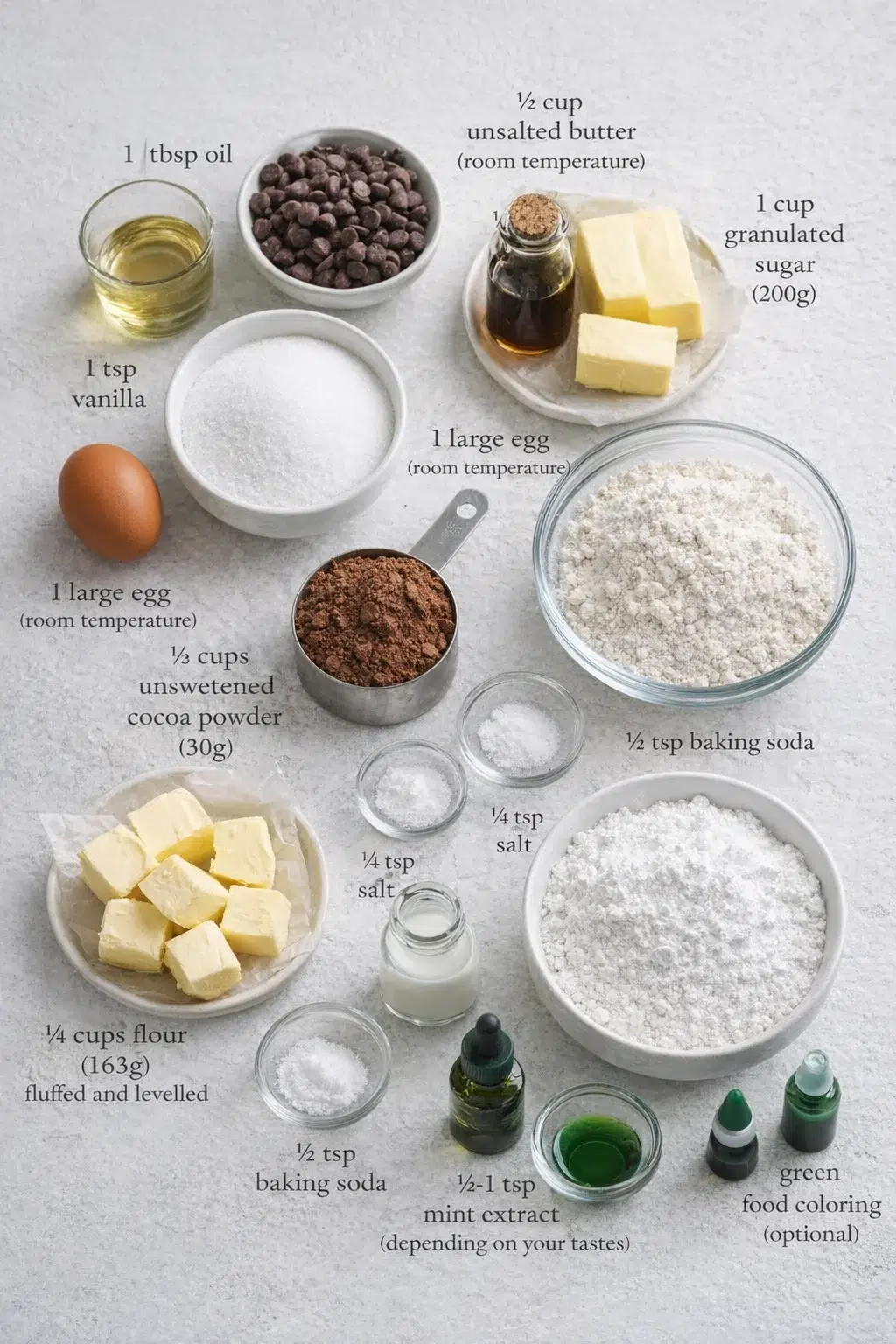 ingredients-placeholder.png Measured ingredients arranged for Chocolate Mint Cookies: ½ cup unsalted butter (room temperature), 1 cup granulated sugar (200 grams), 1 teaspoon vanilla, 1 large egg (room temperature), 1¼ cups flour (163 grams) fluffe