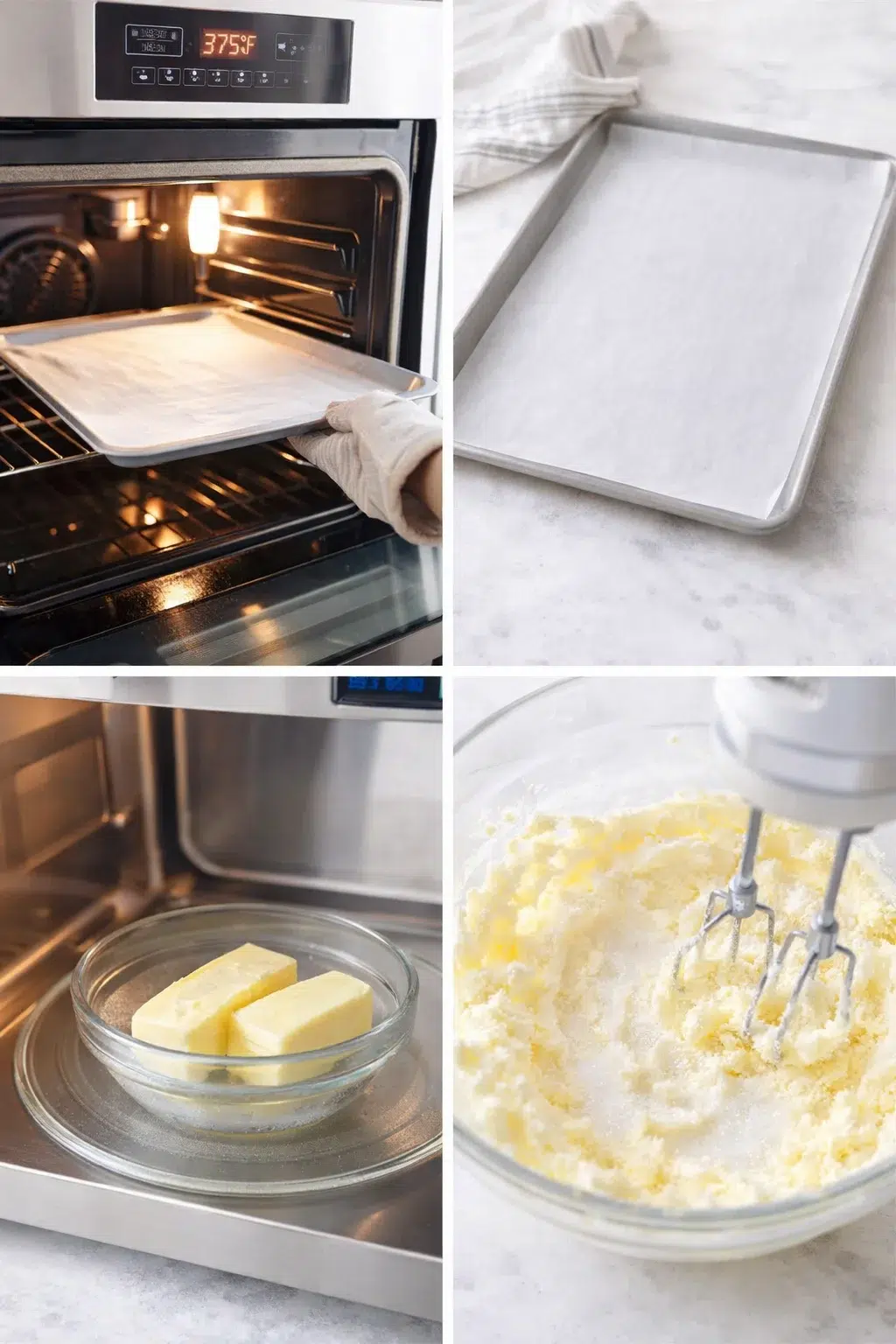 step-process-placeholder-1-4.png Mixing bowl with pale, fluffy butter-sugar mixture beside lined baking sheet and softened butter.