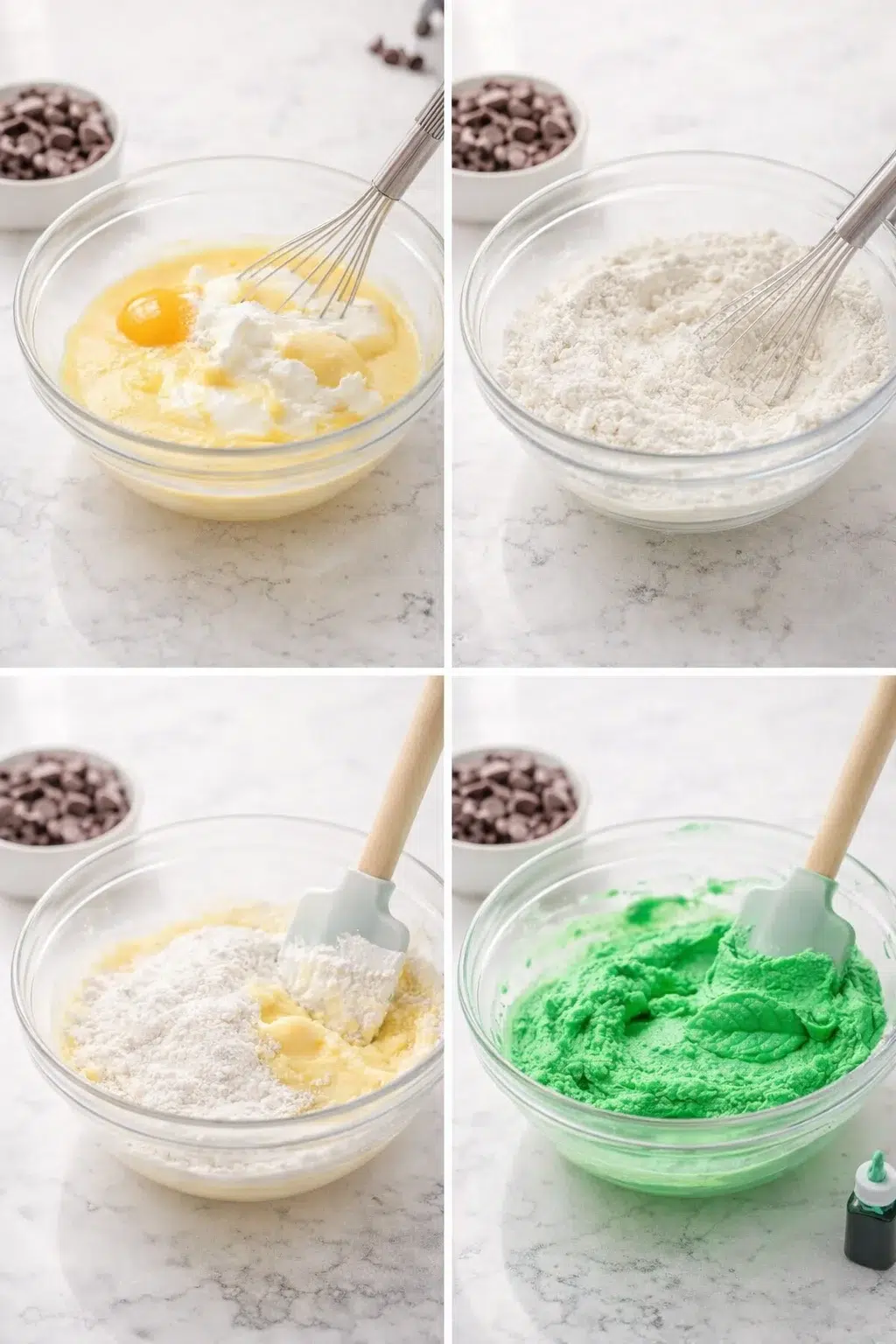step-process-placeholder-5-8.png Bright green cookie dough being stirred in bowl, whisk and flour mixture visible nearby.