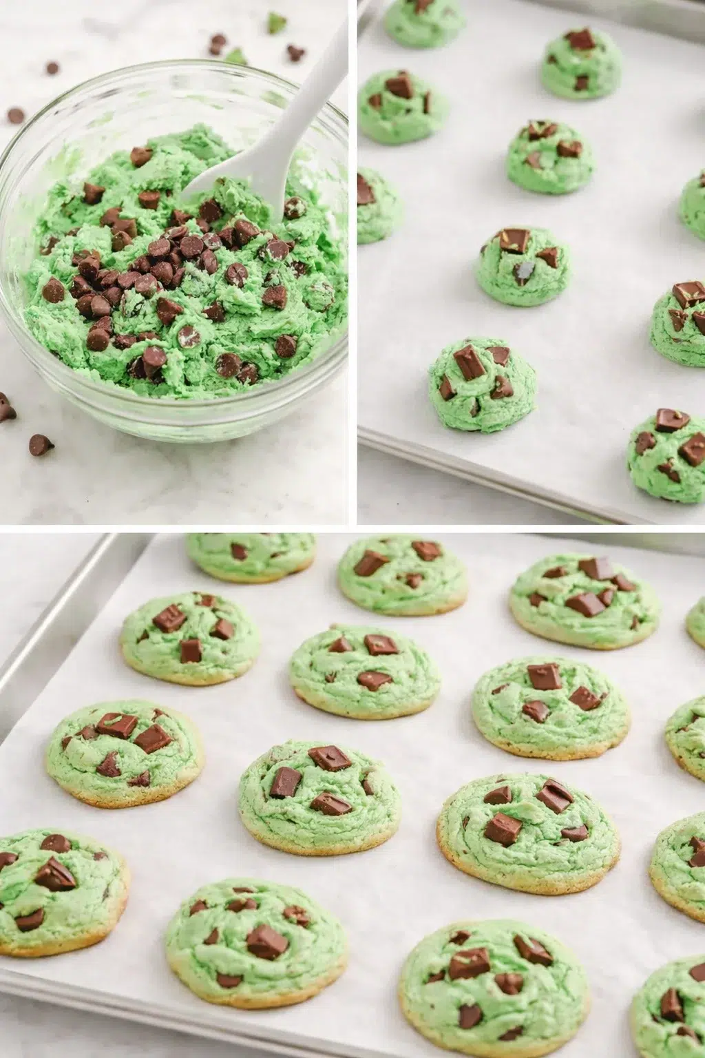 step-process-placeholder-9-12.png Rounded green dough scoops dotted with chocolate chips and Andes pieces arranged on parchment.