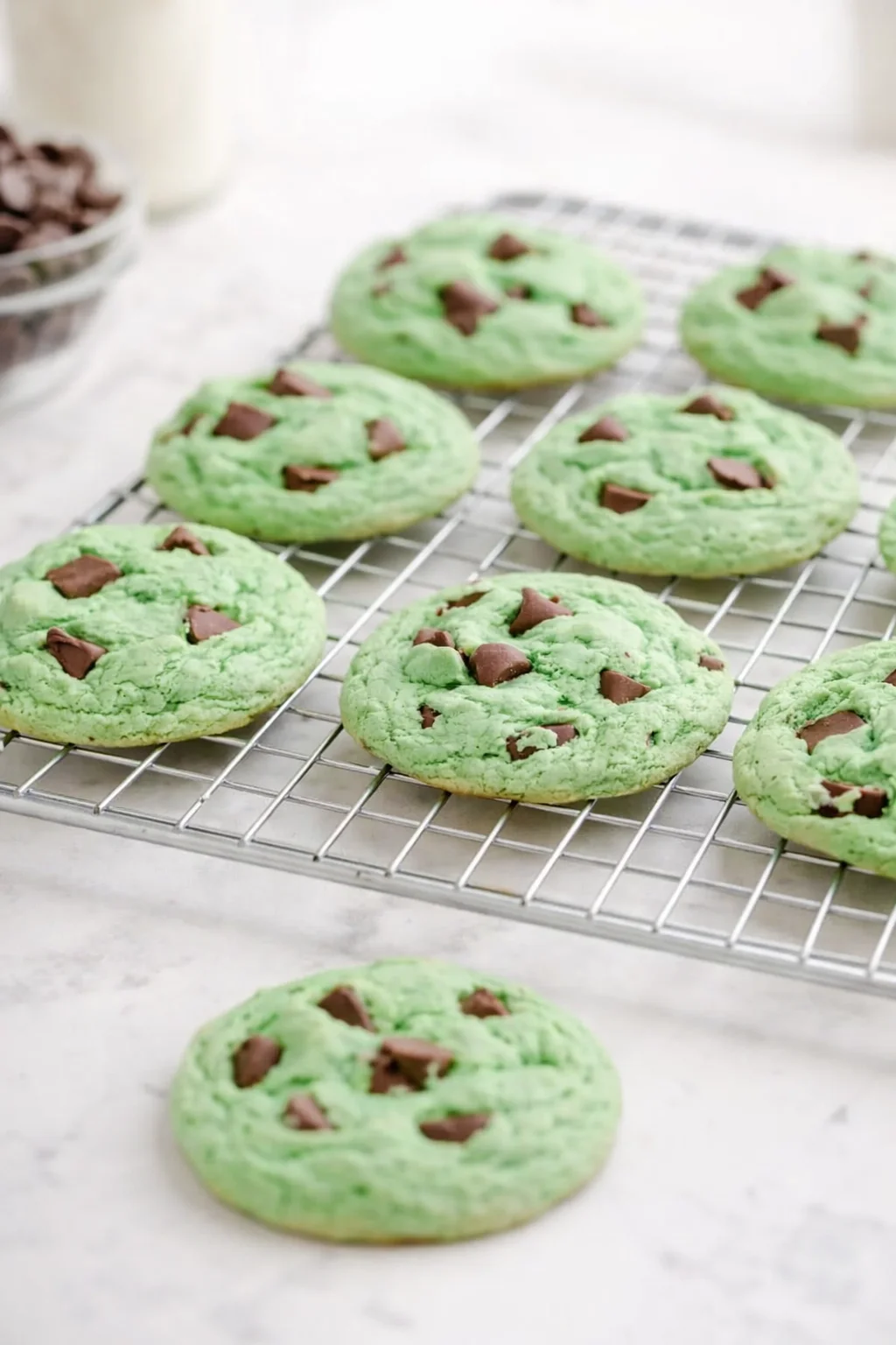 step-process-placeholder-13-13.png Warm mint chocolate cookies cooling on a wire rack, chocolate glinting on tops.