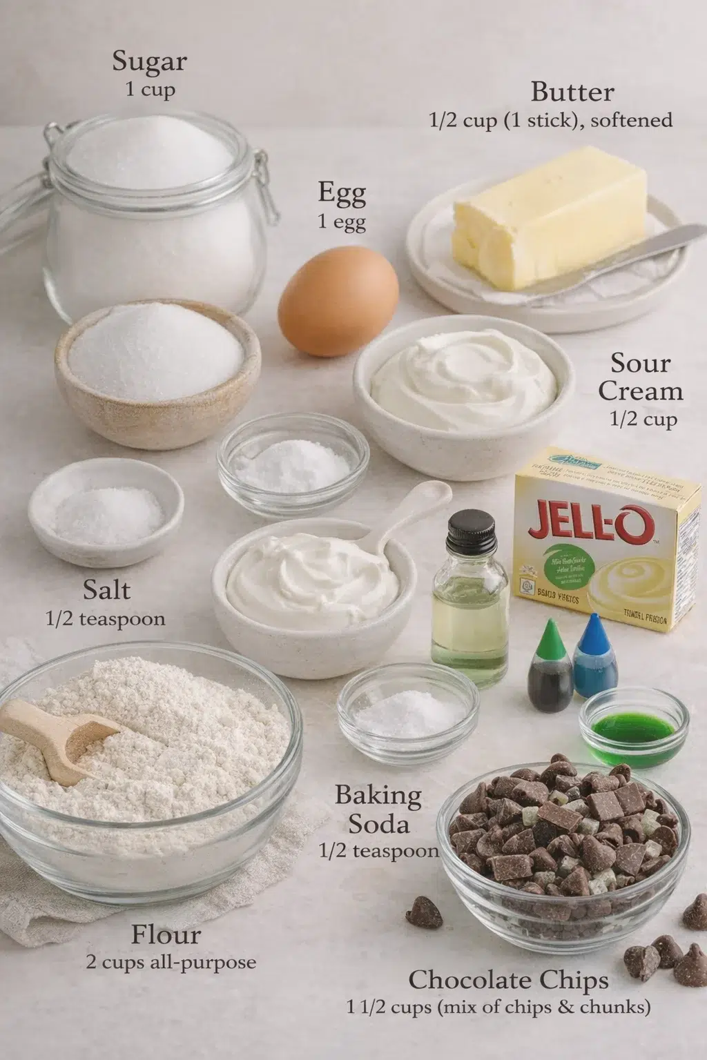 ingredients-placeholder.png Measured ingredients arranged for MINT CHOCOLATE CHIP COOKIES: Sugar: 1 cup, to sweeten these cookies just right., Butter: 1/2 cup (1 stick), softened, adds rich flavor and softness., Egg: Just 1 egg binds it all togethe