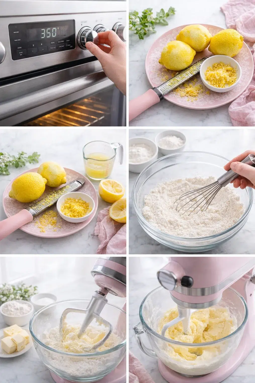Stand mixer whipping softened butter, with bowls of zested lemons and whisked dry ingredients nearby.