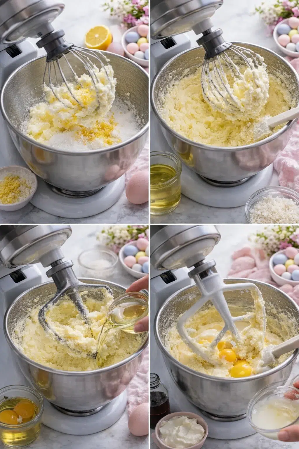 Mixer bowl of fluffy lemon-scented butter and sugar, oil and eggs nearby, lemon-milk bowl.