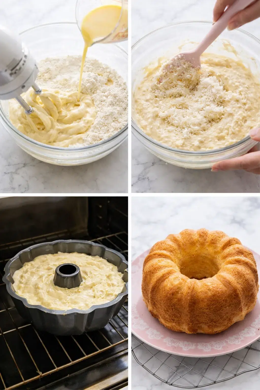 Smooth coconut-studded batter being poured evenly into a greased Bundt pan.