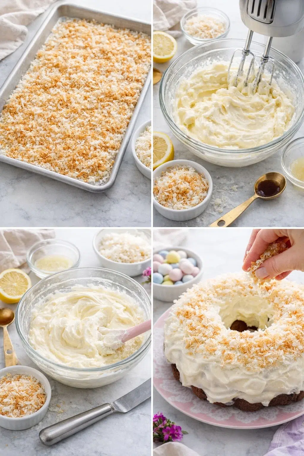 Creamy lemon cream-cheese frosting being spread over the cooled Bundt cake with a spatula.