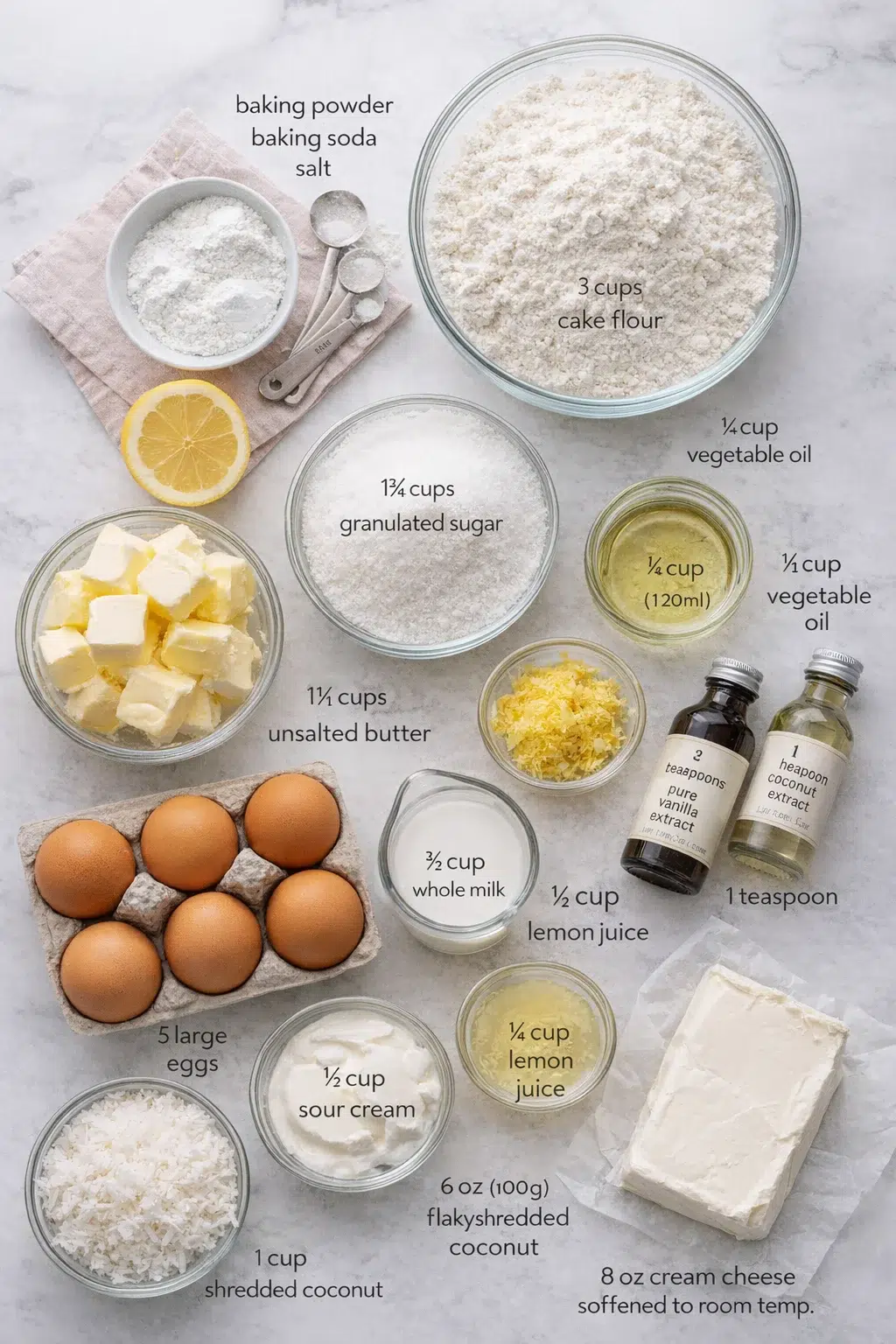 ingredients-placeholder.png Measured ingredients arranged for Easter Cake (Looks Like a Nest!) - Sally's Baking: 3 cups (360g) cake flour (spooned and leveled)*, 3 teaspoons baking powder, 1/2 teaspoon baking soda, 1/2 teaspoon salt, 1 cup (16 Tbsp