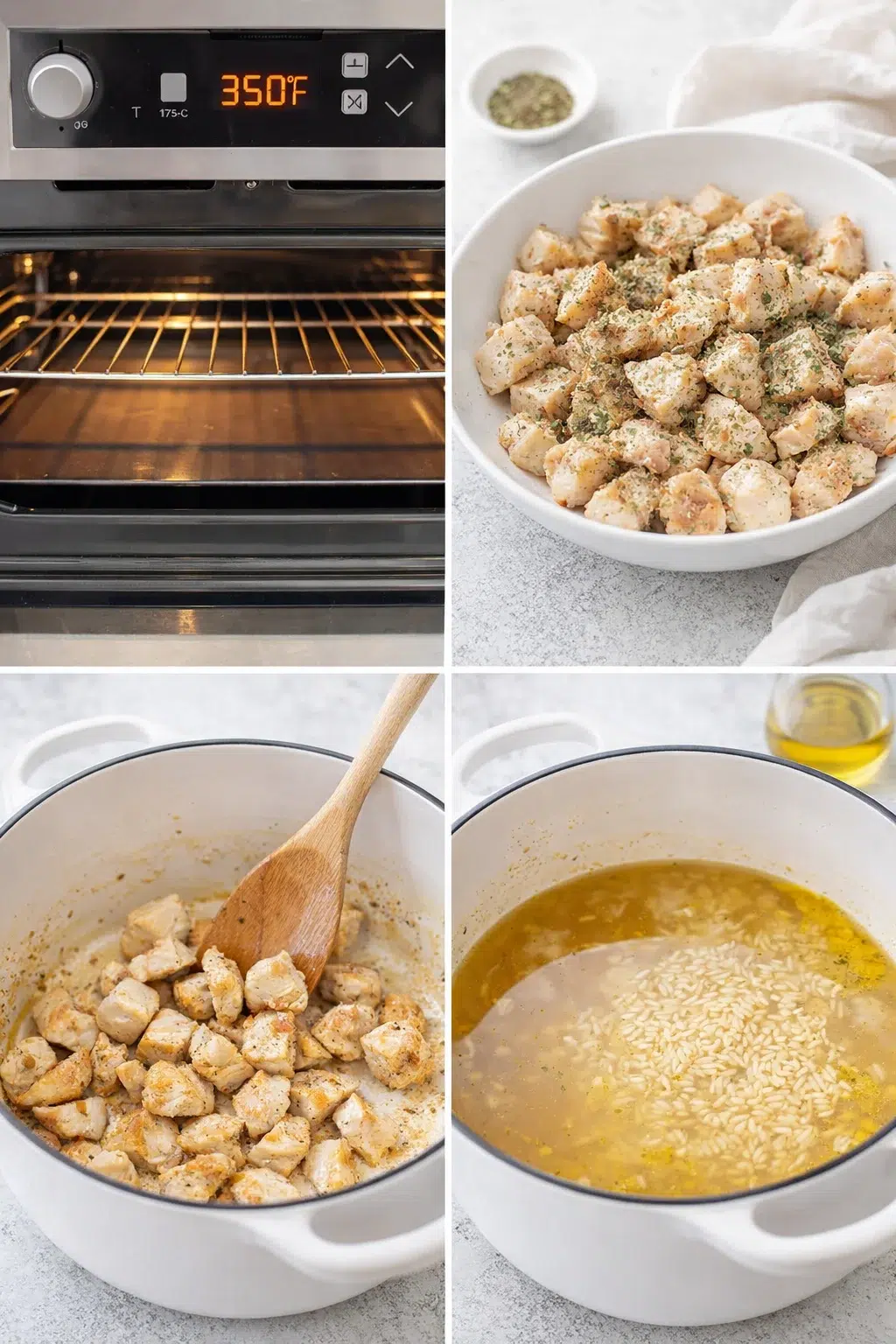 step-process-placeholder-1-4.png Seasoned, bite-sized chicken browning in a pot; broth and rice simmering in the same pot.