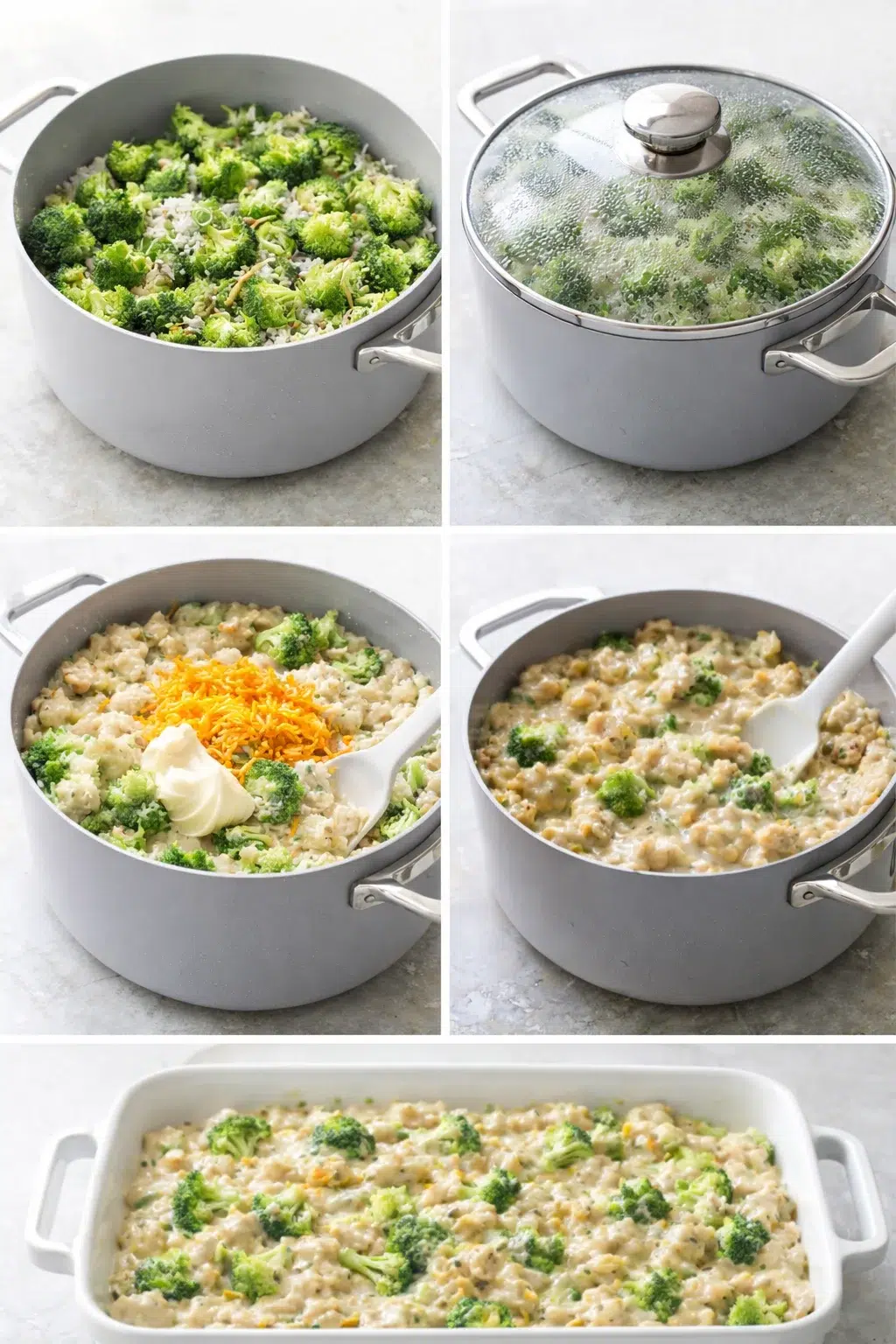 step-process-placeholder-5-8.png Creamy broccoli, rice, and chicken mixture being transferred into a greased 9x13-inch casserole dish.