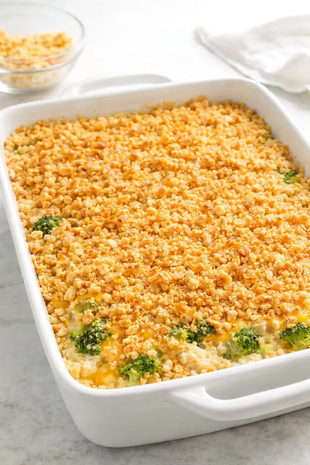 step-process-placeholder-9-11.png Butter-coated cracker crumbs being sprinkled over melted-cheese topped casserole before final baking.