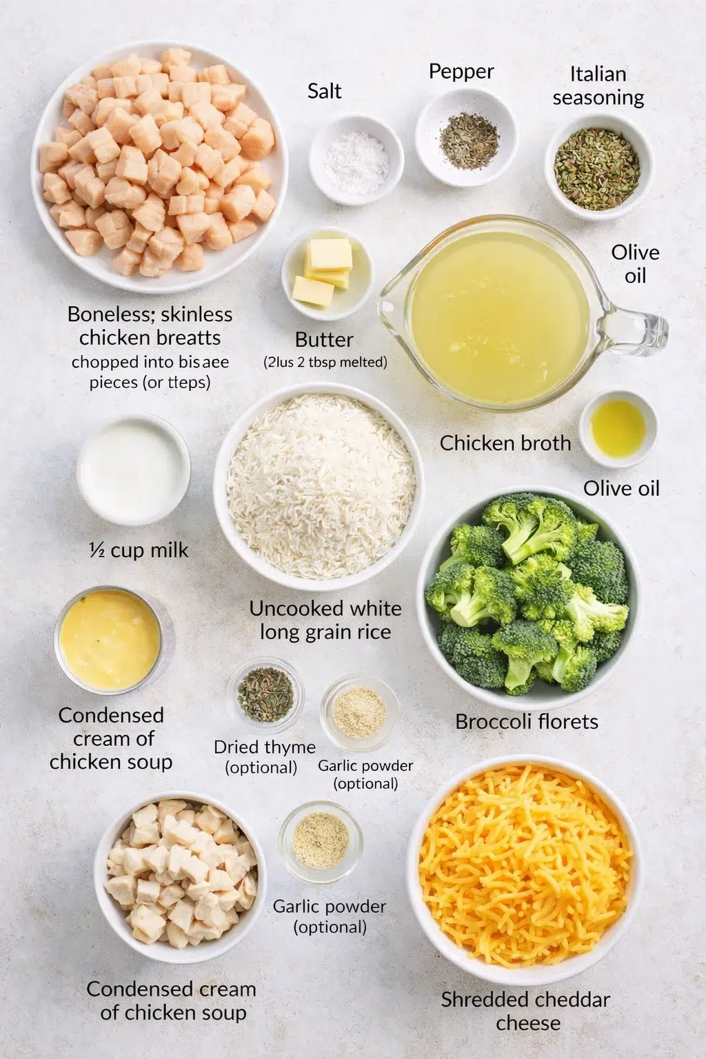 ingredients-placeholder.png Measured ingredients arranged for Chicken Broccoli Rice Casserole: 2 boneless, skinless chicken breasts, chopped into bite-sized pieces (or about 2 cups diced rotisserie chicken), Salt, Pepper, 1 teaspoon Italian seasoni