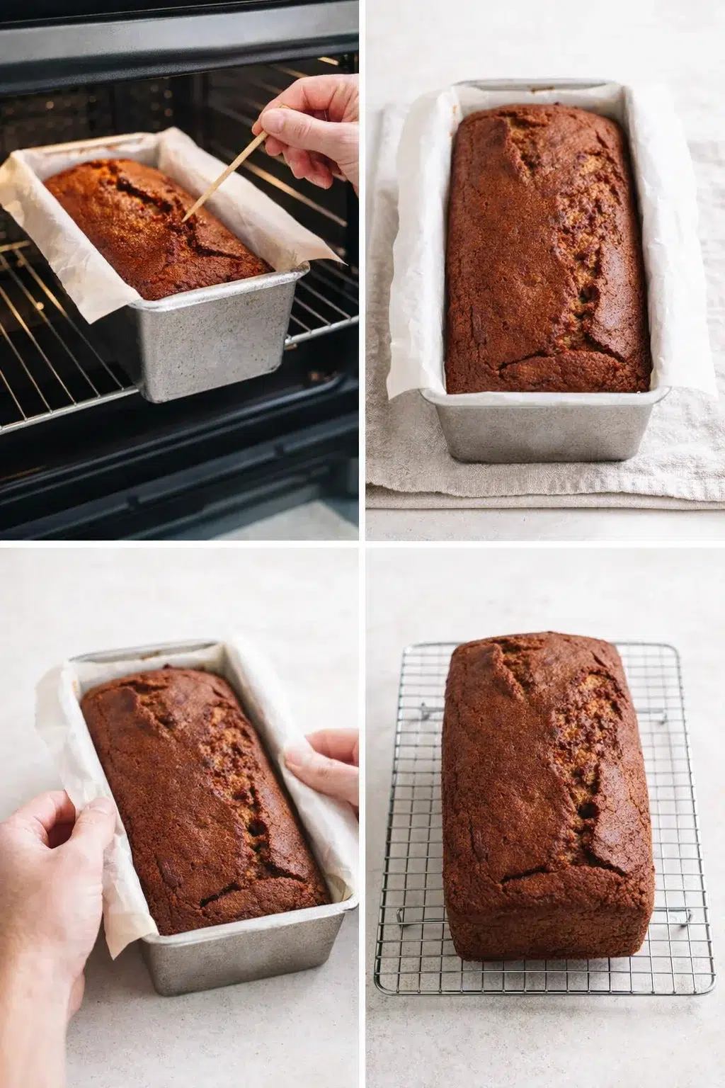 Golden-brown loaf resting on parchment overhang, cooling on a wire rack after baking.