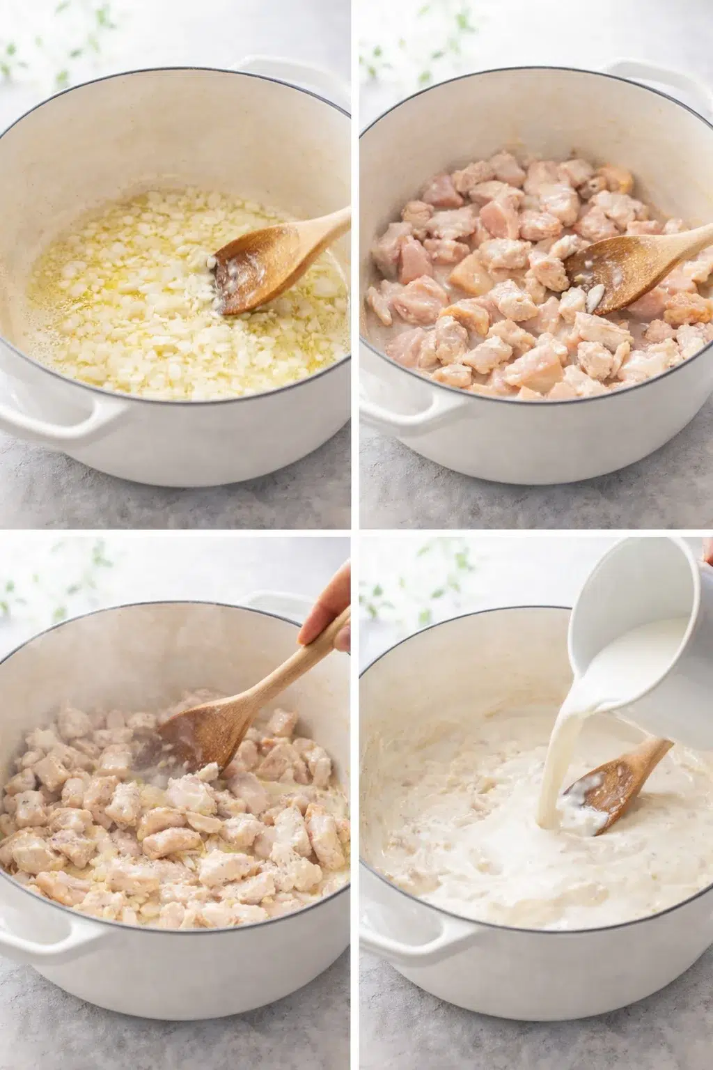 step-process-placeholder-1-4.png Stovetop pot with translucent onions, chicken pieces, flour dusted, milk pouring into mixture.