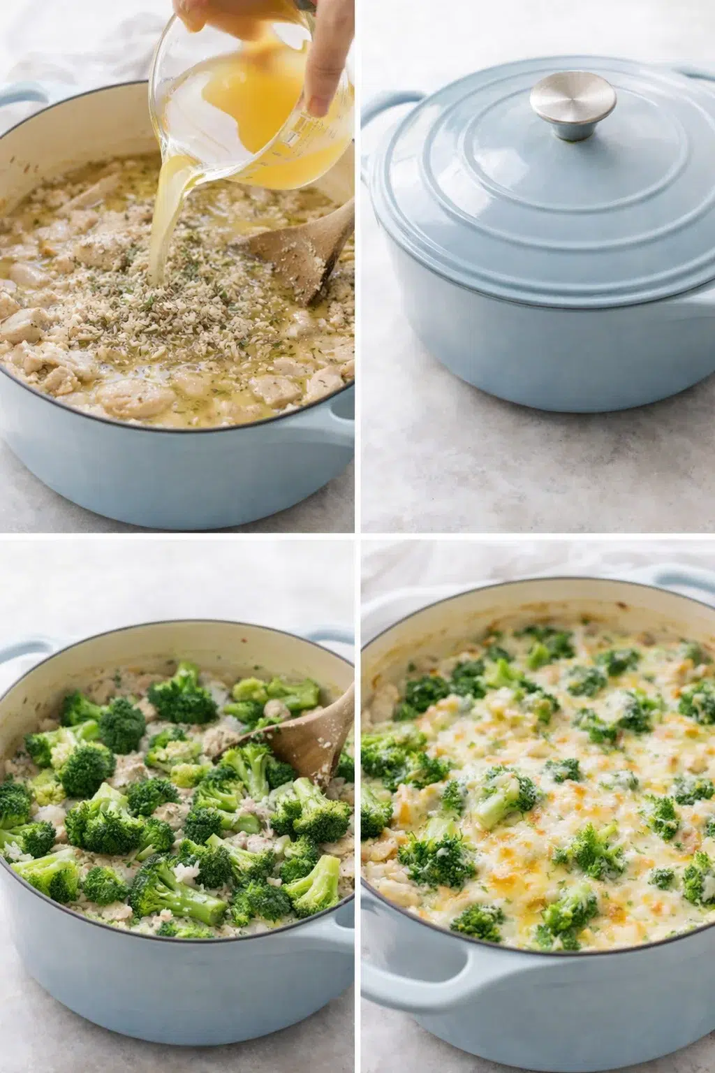 step-process-placeholder-5-8.png Pot of simmering broth and rice with lid lifted to reveal broccoli pushed partly submerged.