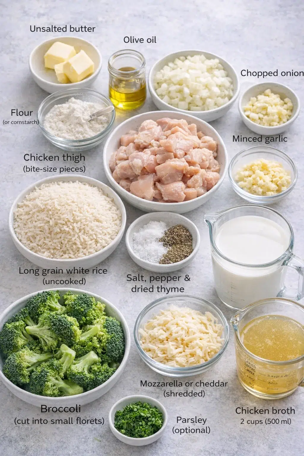 ingredients-placeholder.png Measured ingredients arranged for One Pot Chicken Broccoli Rice Casserole: 2 tbsp (30g) unsalted butter, 1 tbsp olive oil, 1 onion, finely chopped, 2 garlic cloves, minced, 500g (1 lb) chicken thigh, cut into bite size p