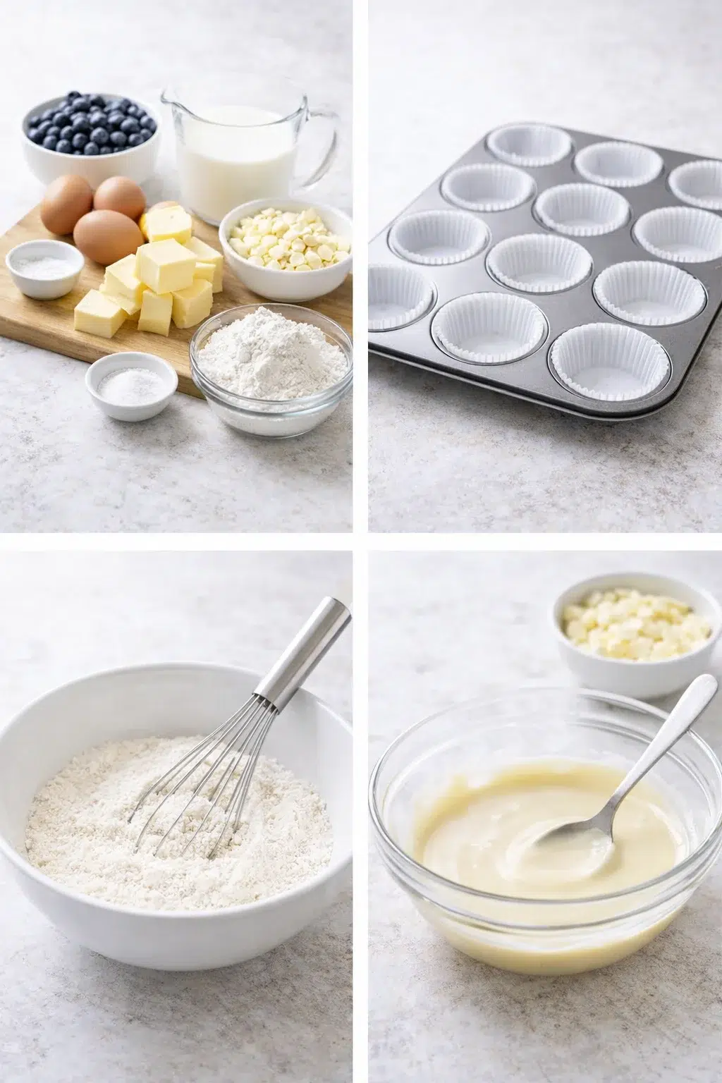 step-process-placeholder-1-4.png Bowls with whisked flour mixture, a small bowl of melted white chocolate, and lined muffin pan.