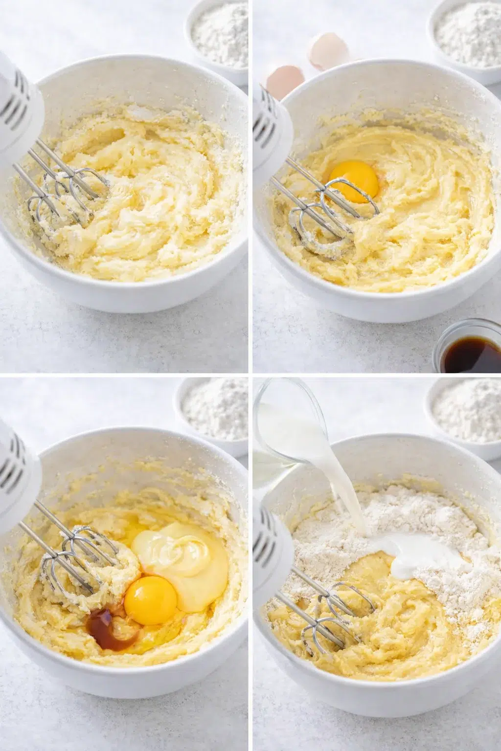 step-process-placeholder-5-8.png Electric mixer beating butter and sugar, beaten eggs and white chocolate folded into batter.