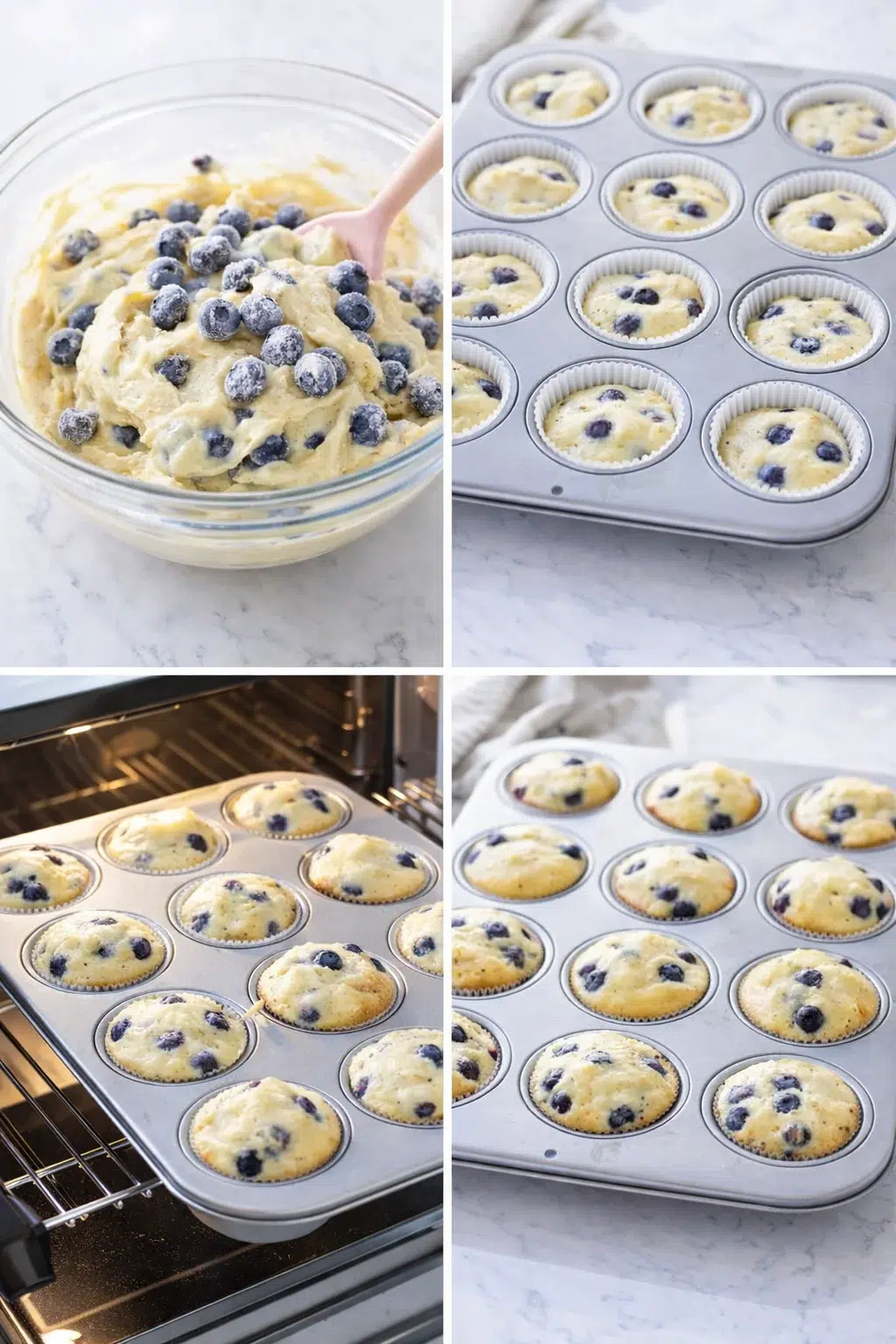 step-process-placeholder-9-12.png Blueberries folded into batter, batter scooped into lined cups, cupcakes baking in oven.