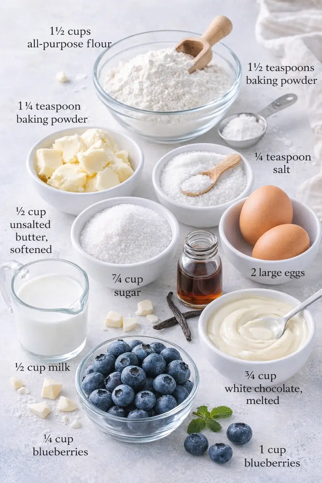 ingredients-placeholder.png Measured ingredients arranged for Easy White Chocolate Blueberry Cupcakes Recipe: 1½ cups all-purpose flour, 1½ teaspoons baking powder, ¼ teaspoon salt, ½ cup unsalted butter, softened, ¾ cup sugar, 2 large eggs