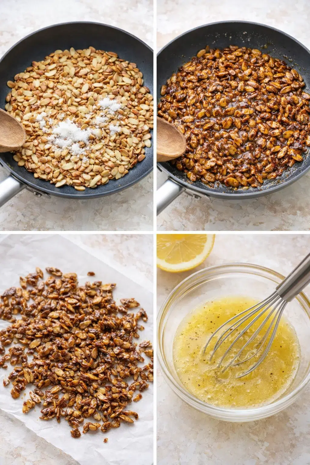 step-process-placeholder-1-4.png Golden caramel-coated almonds cooling on parchment beside a small bowl of vinaigrette being whisked.