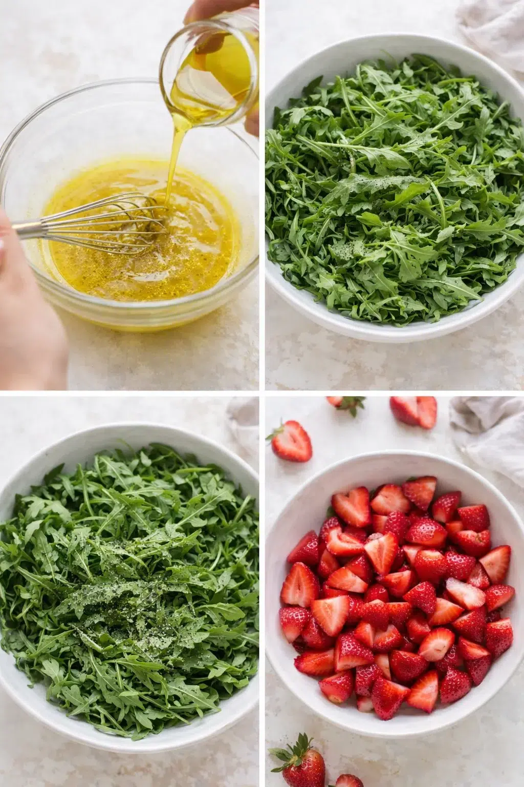 step-process-placeholder-5-8.png Whisked vinaigrette being slowly drizzled while a bowl of seasoned arugula and halved strawberries await.