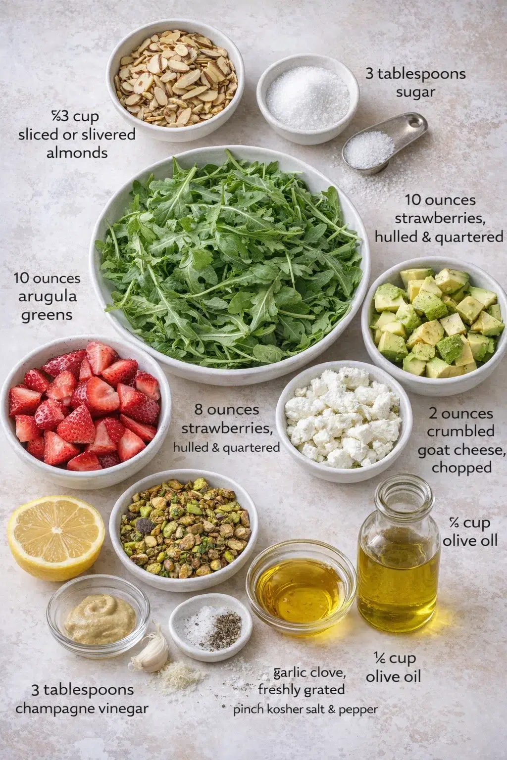 ingredients-placeholder.png Measured ingredients arranged for Strawberry Crunch Salad with Champagne Vinaigrette.: ⅔ cup sliced or slivered almonds, 3 tablespoons sugar, 10 ounces arugula greens, 8 ounces strawberries, hulled and quartered or chopp