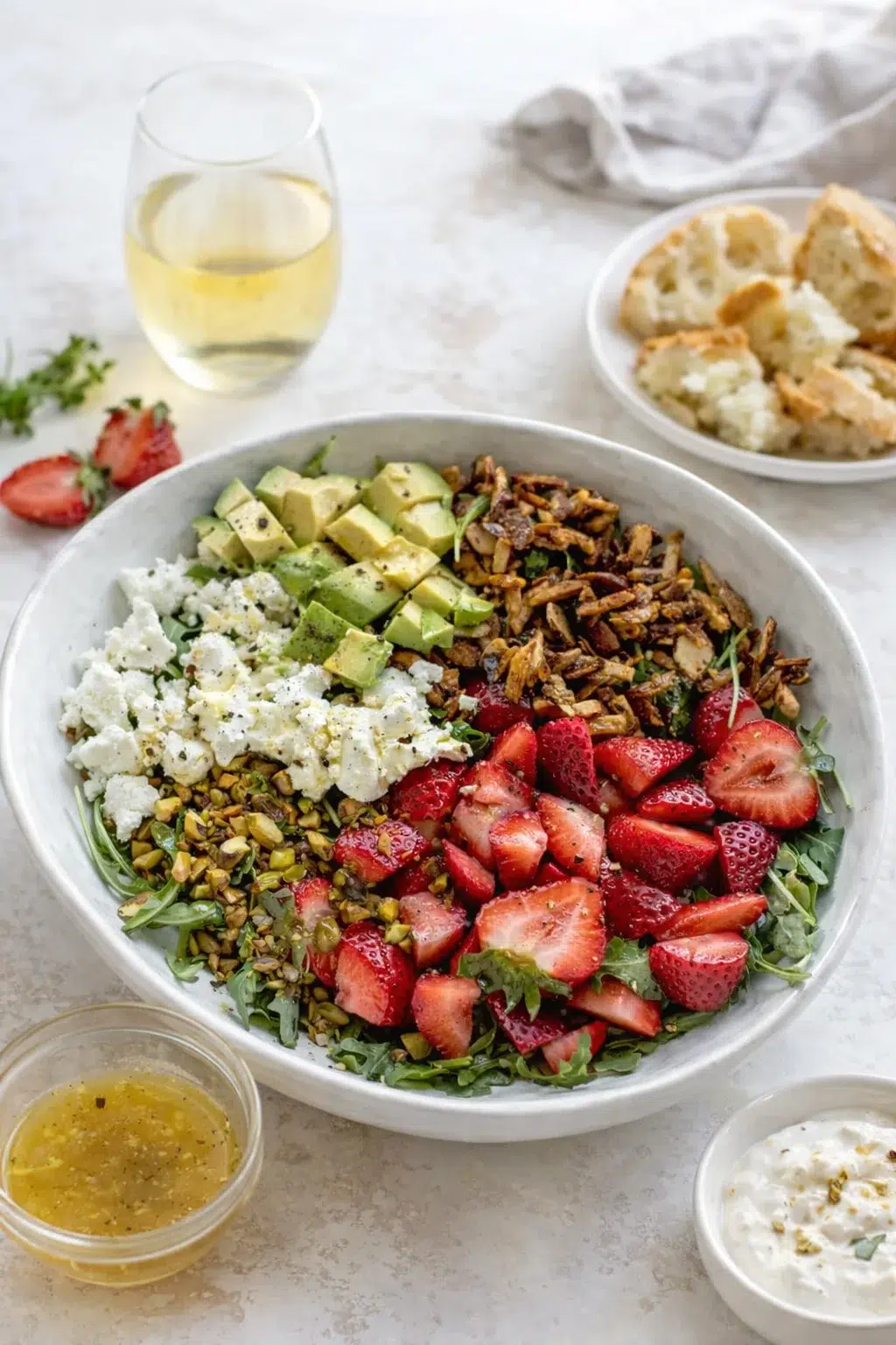 closing_final_dish-placeholder.png Alternative angle of Strawberry Crunch Salad with Champagne Vinaigrette. served with a pairing