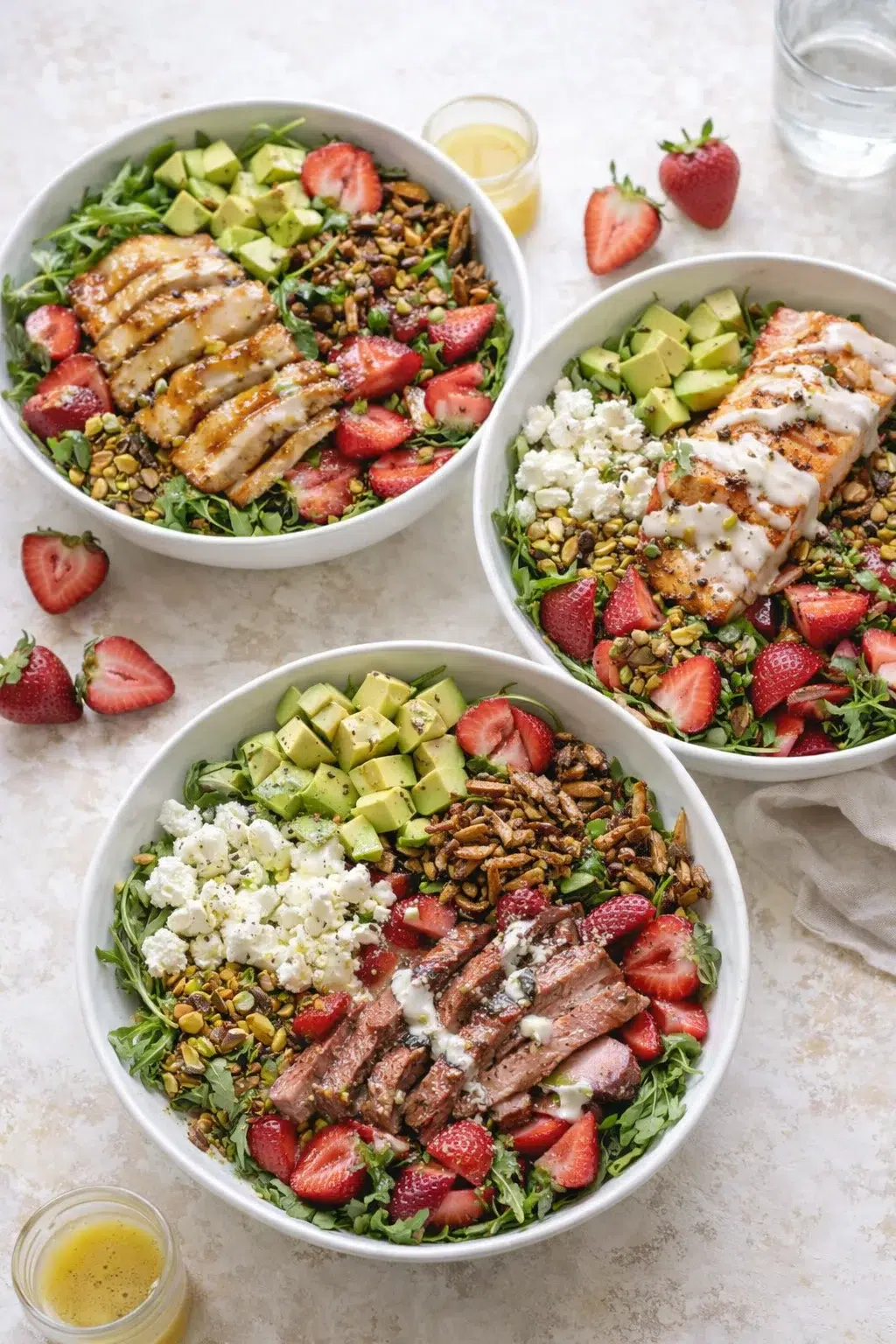 variations-placeholder.png Variation ideas for Strawberry Crunch Salad with Champagne Vinaigrette. shown in a styled layout