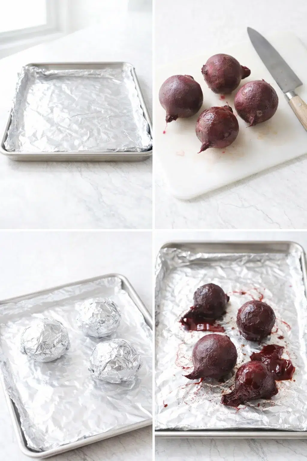 step-process-placeholder-1-4.png Foil-wrapped beets arranged on foil-lined rimmed baking sheet ready for roasting.