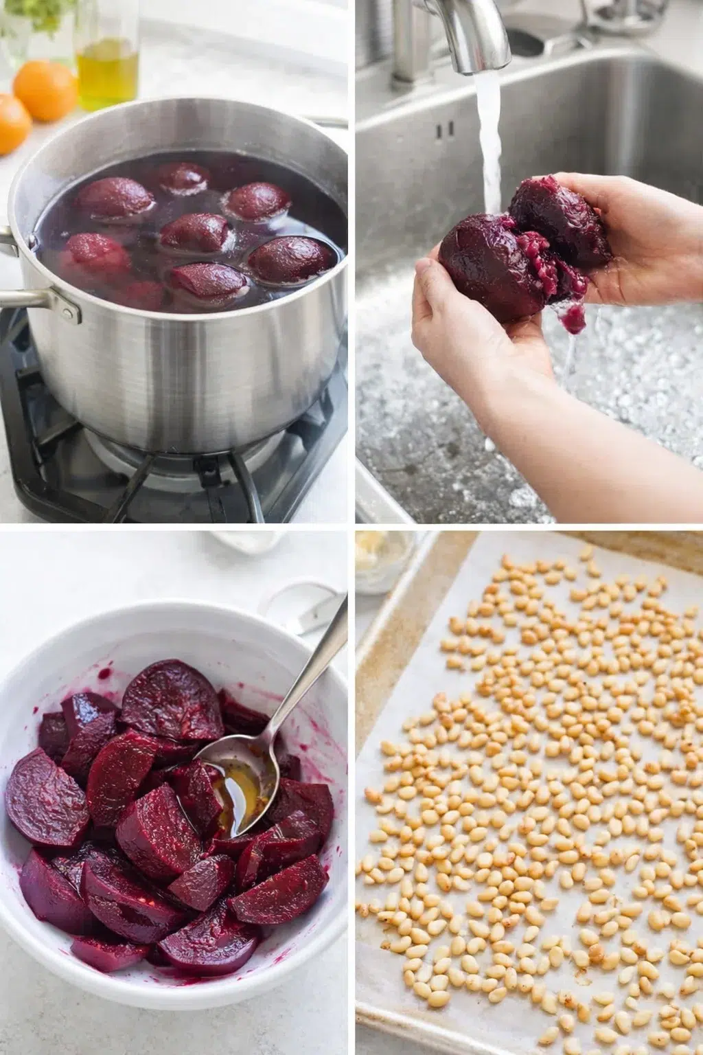 step-process-placeholder-5-8.png Sliced cooked beets coated with olive oil and honey beside golden toasted pine nuts on tray.