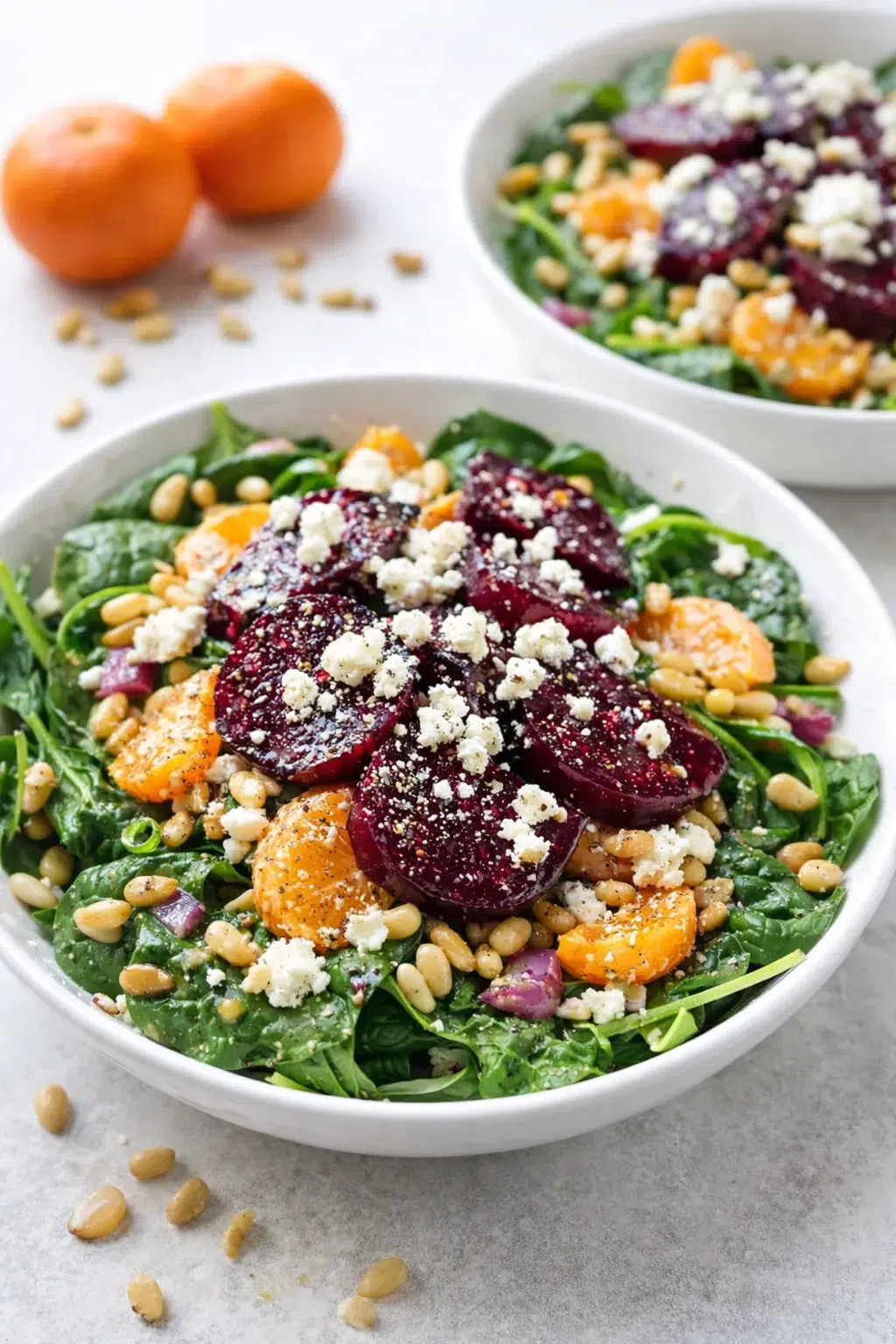 step-process-placeholder-13-16.png Individual bowls finished with honey-glazed beet slices, crumbled feta, and freshly ground black pepper.