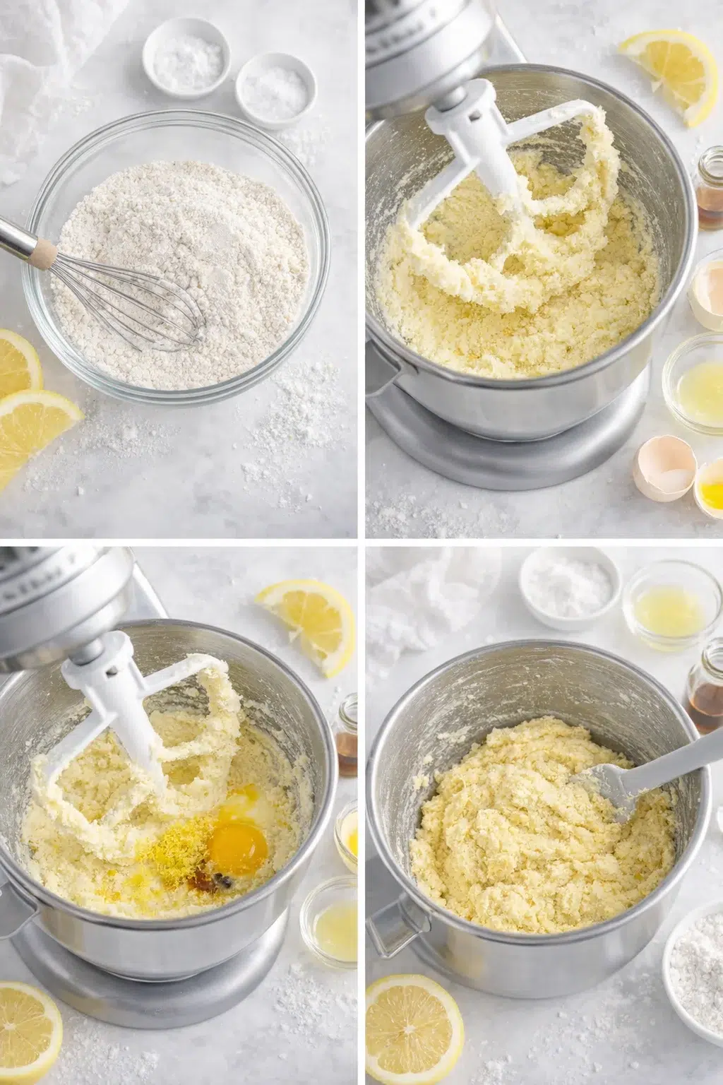 Stand mixer bowl with pale lemon batter as dry flour mixture is being added