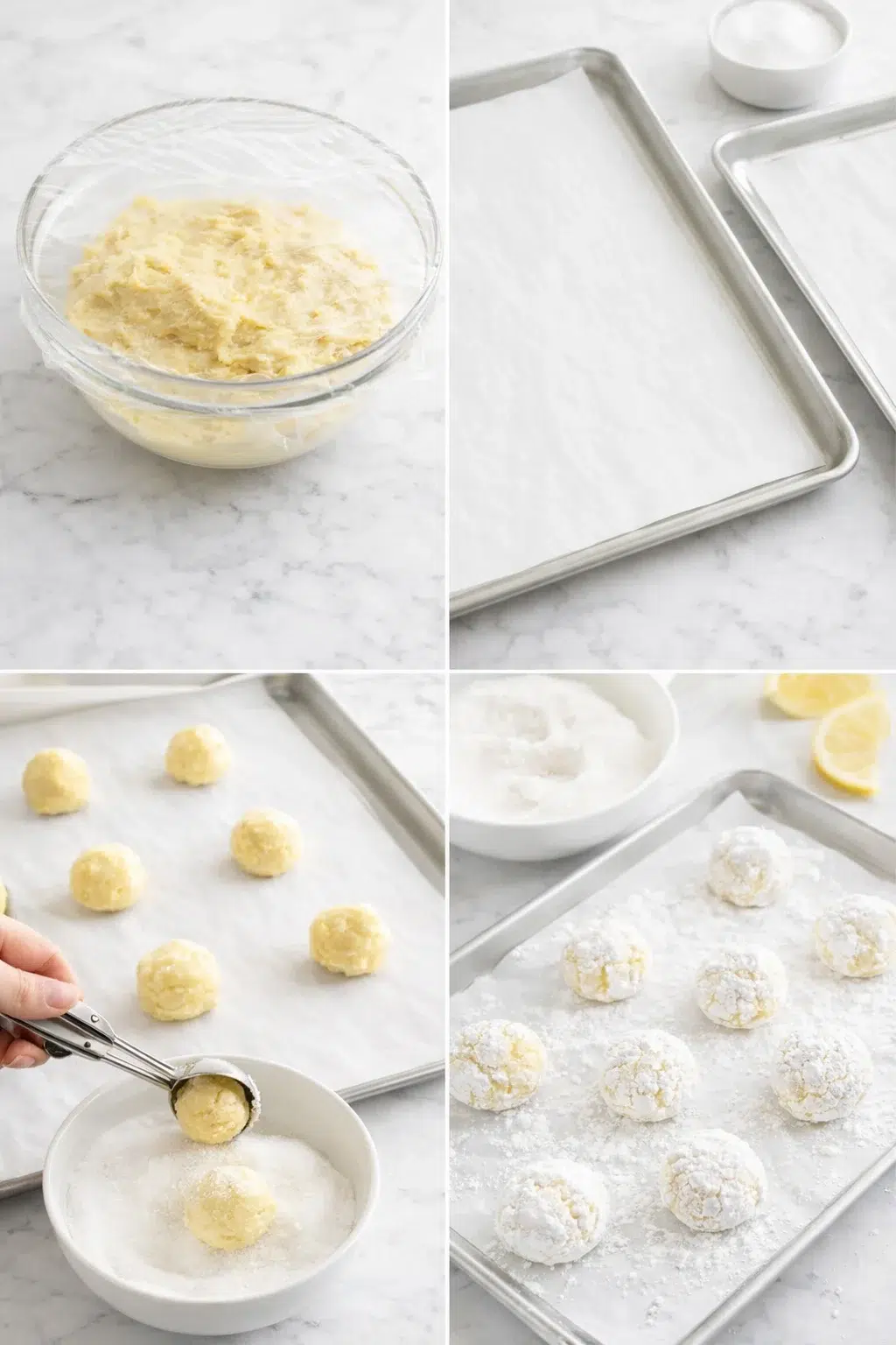 Chilled dough balls being scooped and rolled, some coated in granulated then powdered sugar