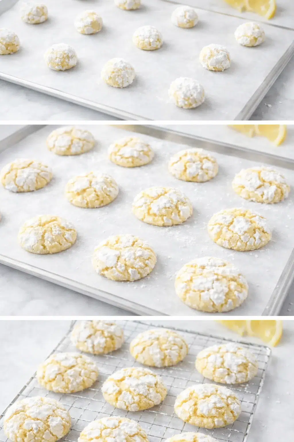 Baked lemon crinkle cookies cooling on wire rack with cracked powdered-sugar surfaces