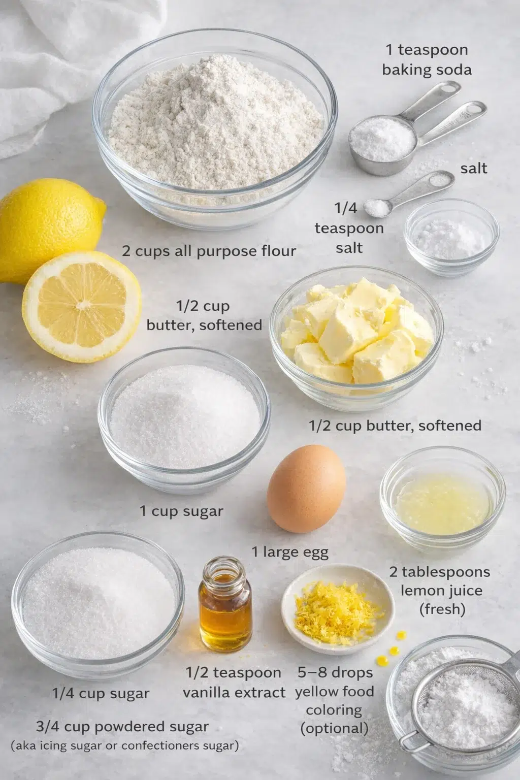 ingredients-placeholder.png Measured ingredients arranged for Lemon Crinkle Cookies - Herbs & Flour: 2 cups all purpose flour, 1 teaspoon baking soda, 1/4 teaspoon salt, 1/2 cup butter, softened, 1 cup sugar, 1 large egg