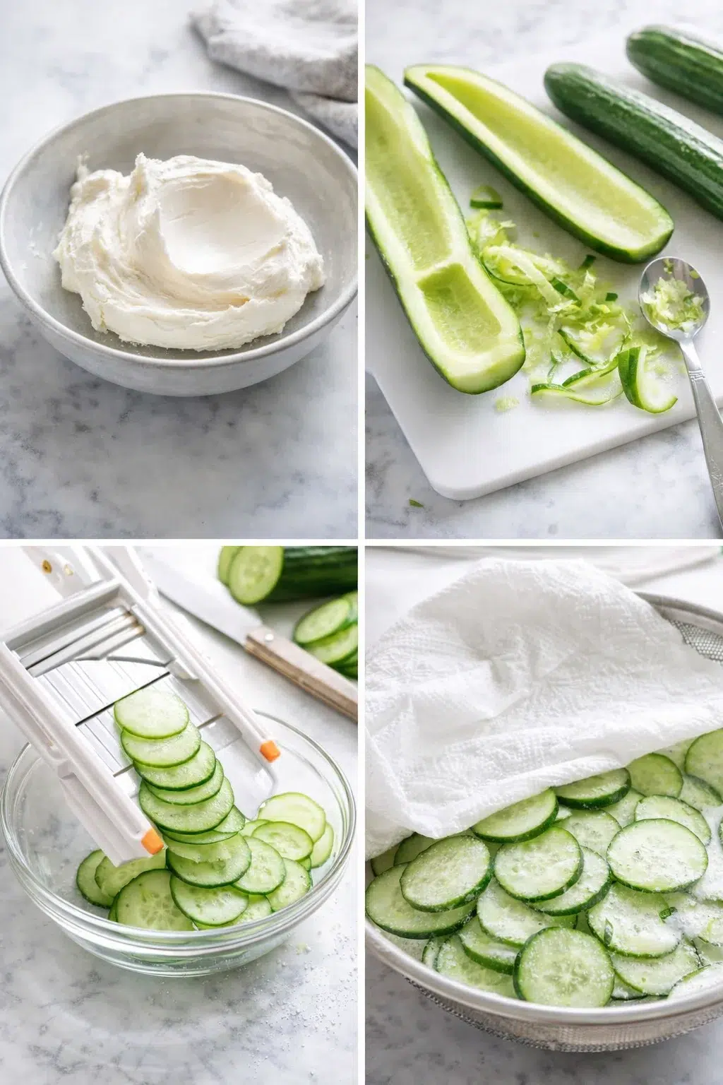 step-process-placeholder-1-4.png Softened cream cheese beside peeled cucumber being mandolin-sliced into thin rounds, slices draining in colander.