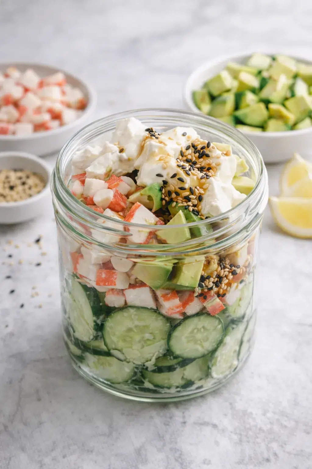 step-process-placeholder-5-8.png Jar filled with cucumber slices while chopped crab, diced avocado, mayo, cream cheese, soy sauce, and sesame seeds await.