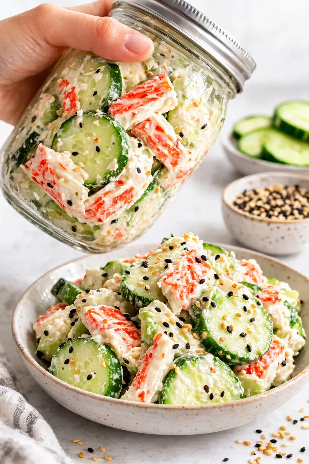 step-process-placeholder-9-11.png Hand shaking sealed jar, cucumbers and crab coated in creamy dressing with sesame seeds visible.