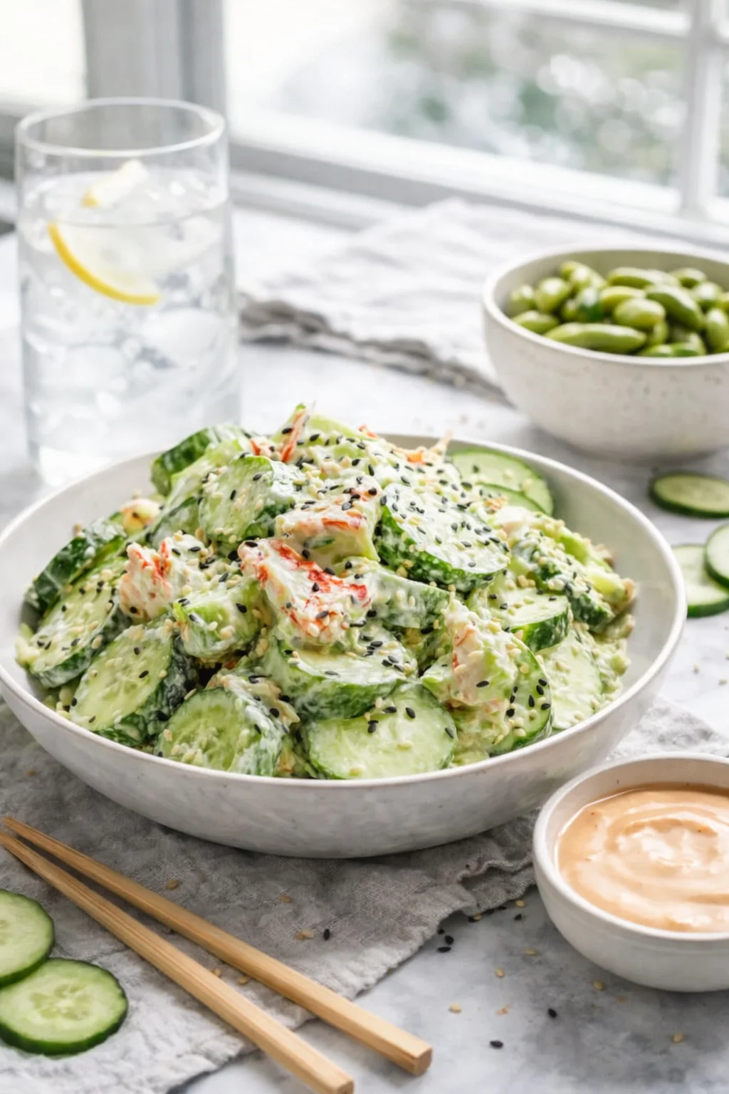 closing_final_dish-placeholder.png Alternative angle of Easy California Roll Cucumber Salad served with a pairing