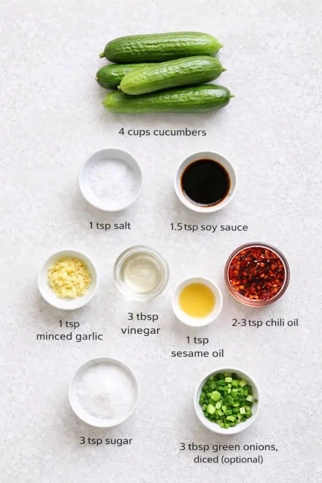 ingredients-placeholder.png Measured ingredients arranged for Korean Cucumber Salad: 5 mini cucumbers, or 2-3 regular sizes, 4 cups, 1 tsp salt, 1.5 tsp soy sauce, 1 tsp minced garlic, 3 tbsp rice vinegar, 2-3 tsp chili oil, adjust more or less for