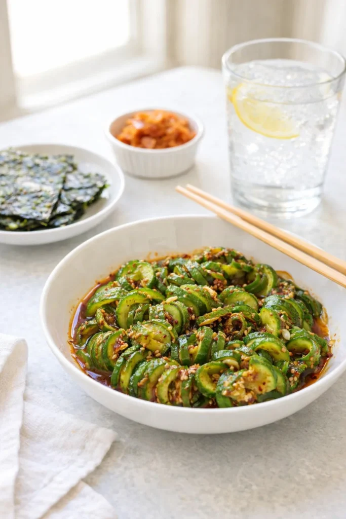 Alternative angle of Korean Cucumber Salad served with a pairing