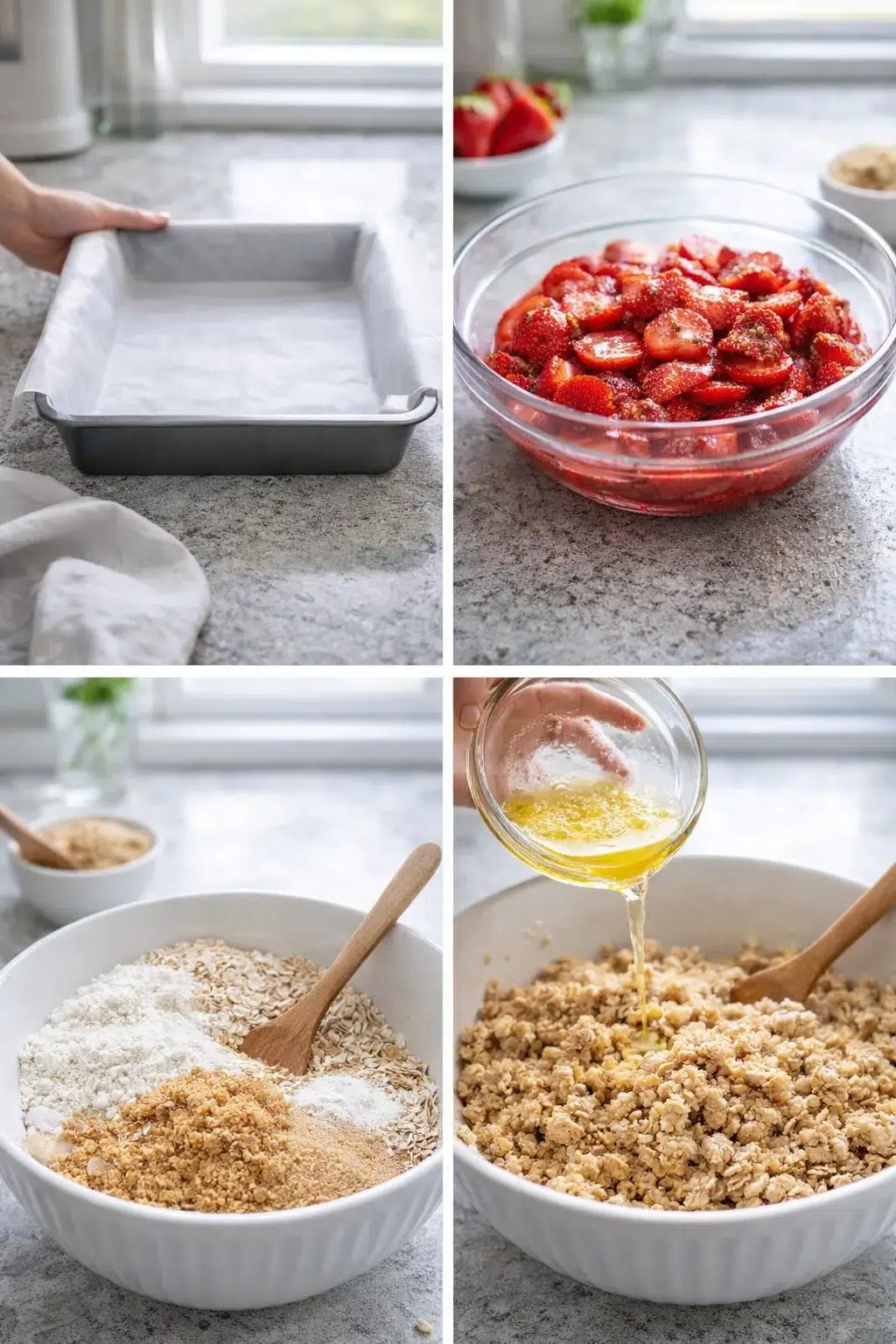 Greased 8x8 pan, sliced strawberries macerating in sugar, oats mixed with butter resembling moist breadcrumbs.