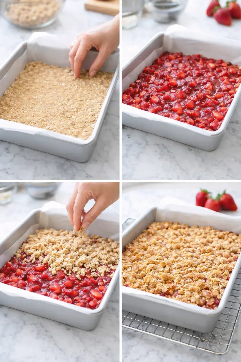 Pressed oat base in pan topped with macerated strawberries and crumbly oat topping, golden-brown after baking.